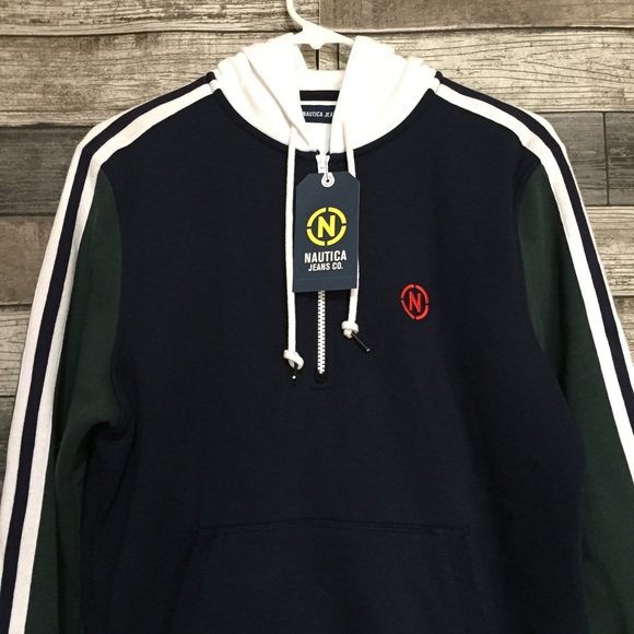 Nautica Color Block Hoodie Sweatshirt Men’s S Blue Green 1/2 Zip Fleece Pullover - Picture 6 of 11